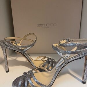 Jimmy Choo Silver Glitter Heels with Strappy Design